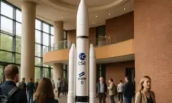 Vier Meter hohe Ariane-6-Rakete als Nachbildung im Landtag NRW bei der Parlamentsnacht in Düsseldorf, Symbolbild für Raumfahrt und Demokratie.
