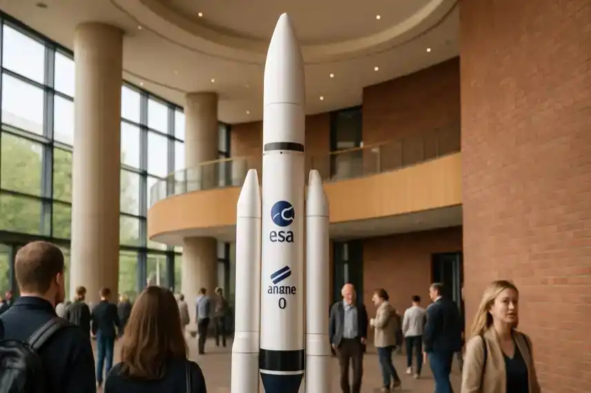 Vier Meter hohe Ariane-6-Rakete als Nachbildung im Landtag NRW bei der Parlamentsnacht in Düsseldorf, Symbolbild für Raumfahrt und Demokratie.