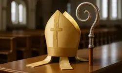 Symbolbild katholische Kirche: goldene Mitra und Bischofsstab im Kirchenraum, Darstellung für innerkirchliche Debatten mit Papst Leo XIV.