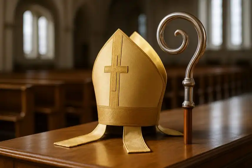 Symbolbild katholische Kirche: goldene Mitra und Bischofsstab im Kirchenraum, Darstellung für innerkirchliche Debatten mit Papst Leo XIV.