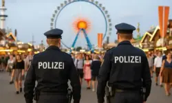 Oktoberfest München – zwei Polizisten patrouillieren vor dem Riesenrad, Symbolfoto zum Todesfall hinter dem Riesenrad.