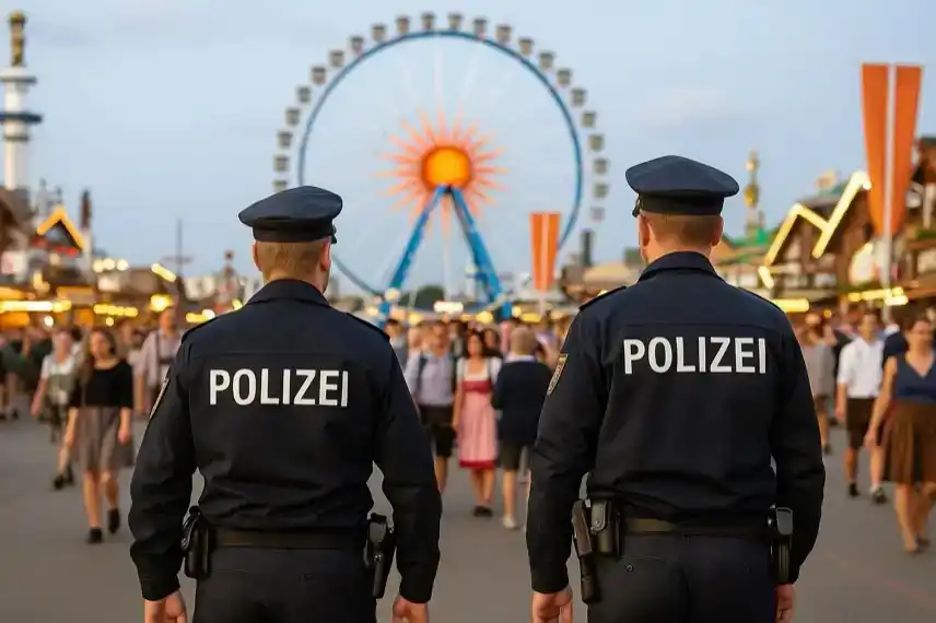 Oktoberfest München – zwei Polizisten patrouillieren vor dem Riesenrad, Symbolfoto zum Todesfall hinter dem Riesenrad.