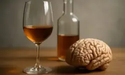 Glas Alkohol und Gehirnmodell verdeutlichen die schädlichen Auswirkungen von Alkoholkonsum auf das menschliche Gehirn.