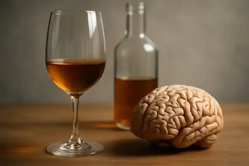 Glas Alkohol und Gehirnmodell verdeutlichen die schädlichen Auswirkungen von Alkoholkonsum auf das menschliche Gehirn.