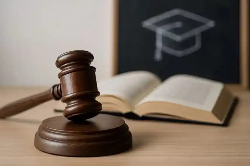 Richterhammer und Buch vor Schultafel – Darstellung zum Fall der falschen Lehrerin in Heidelberg mit Haftbefehl und Betrugsvorwürfen.