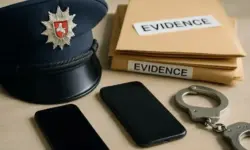 Polizeimütze, Smartphones, Beweismappen und Handschellen – Darstellung zum Artikel über rechte Polizei-Chatgruppe in Niedersachsen.