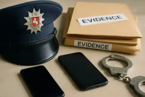 Polizeimütze, Smartphones, Beweismappen und Handschellen – Darstellung zum Artikel über rechte Polizei-Chatgruppe in Niedersachsen.