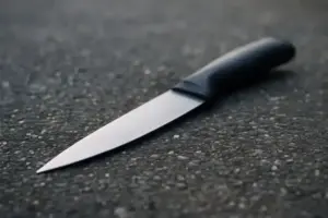 Symbolbild Messer auf Asphalt – Fahndung in Betzdorf nach 66-jährigem Mario A., drei Verletzte bei Messerangriff im familiären Umfeld.