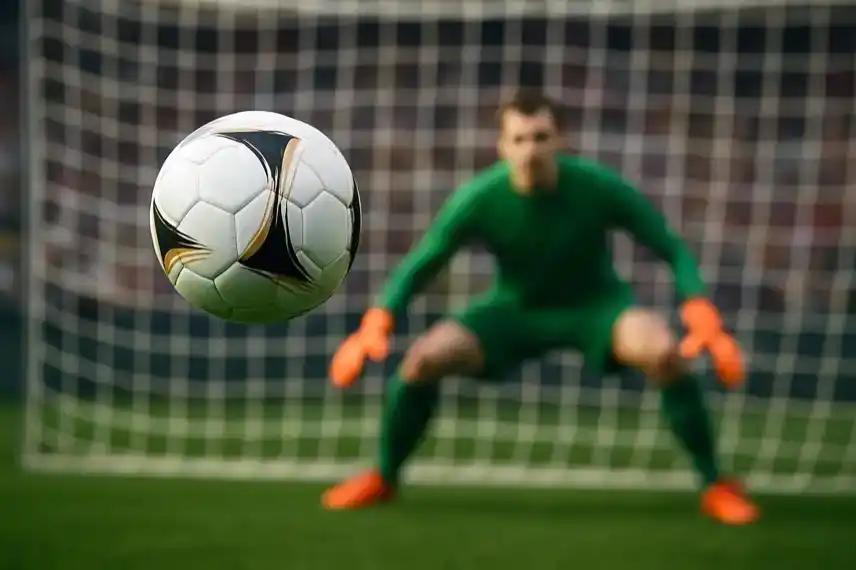 Elfmeters im Fußball: Ball fliegt auf Torwart zu, Szene stellt die geplante FIFA-Elfmeter-Reform ohne Nachschuss dar.