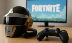 Gaming-Setups mit Daft-Punk-inspiriertem Helm, Controller und Bildschirm – Darstellung für das Fortnite Live-Event 2025.