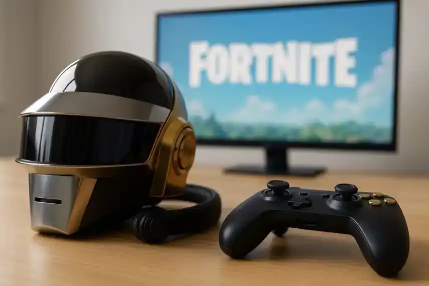 Gaming-Setups mit Daft-Punk-inspiriertem Helm, Controller und Bildschirm – Darstellung für das Fortnite Live-Event 2025.