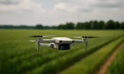 Drohne über einem Feld in Schleswig-Holstein, verwendet zur Illustration von Spionage-Alarm durch Drohnensichtungen.