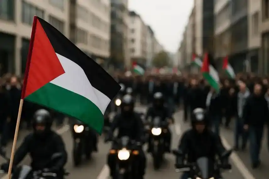 Pro-Palästina-Demonstration in Düsseldorf mit Motorrad-Korso und Fahnen, fotorealistisch nachgestellt für einen Newsartikel.
