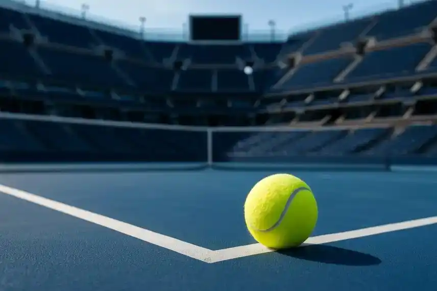 Tennisball auf blauem Spielfeld im Stadion – China Open 2025 Jannik Sinner Spielplan und Uhrzeiten.