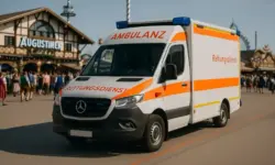 Krankenwagen: Rettungsdienst-Fahrzeug auf dem Festgelände als Darstellung der medizinischen Versorgung bei Notfällen.