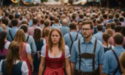 Oktoberfest Überfüllung – Menschenmenge in Tracht mit Gedränge, fotorealistisch nachgestellt, Polizei warnte wegen zu vieler Besucher.