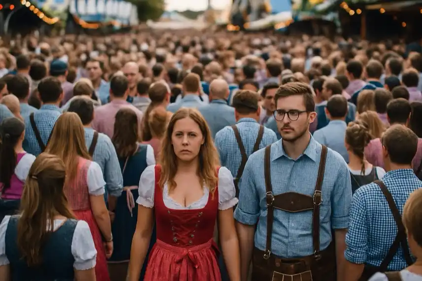 Oktoberfest Überfüllung – Menschenmenge in Tracht mit Gedränge, fotorealistisch nachgestellt, Polizei warnte wegen zu vieler Besucher.