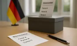 NRW-Wahl 2025 mit Stimmzettel, Wahlurne und deutscher Flagge – fotorealistische Nachstellung ohne Bezug zu realen Personen oder Parteien.