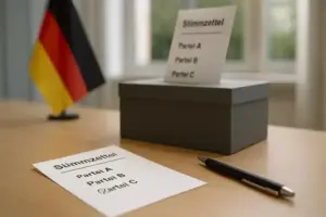 NRW-Wahl 2025 mit Stimmzettel, Wahlurne und deutscher Flagge – fotorealistische Nachstellung ohne Bezug zu realen Personen oder Parteien.