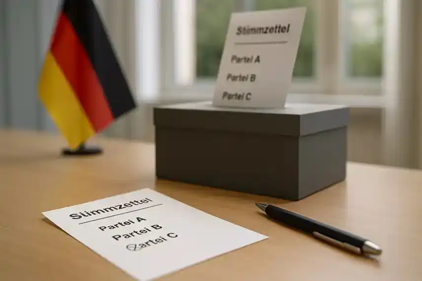 NRW-Wahl 2025 mit Stimmzettel, Wahlurne und deutscher Flagge – fotorealistische Nachstellung ohne Bezug zu realen Personen oder Parteien.