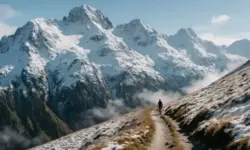 Schneebedeckte Berge mit Wanderer auf Pfad, fotorealistisch nachgestellt, Darstellung des frühen Wintereinbruchs in den Alpen.