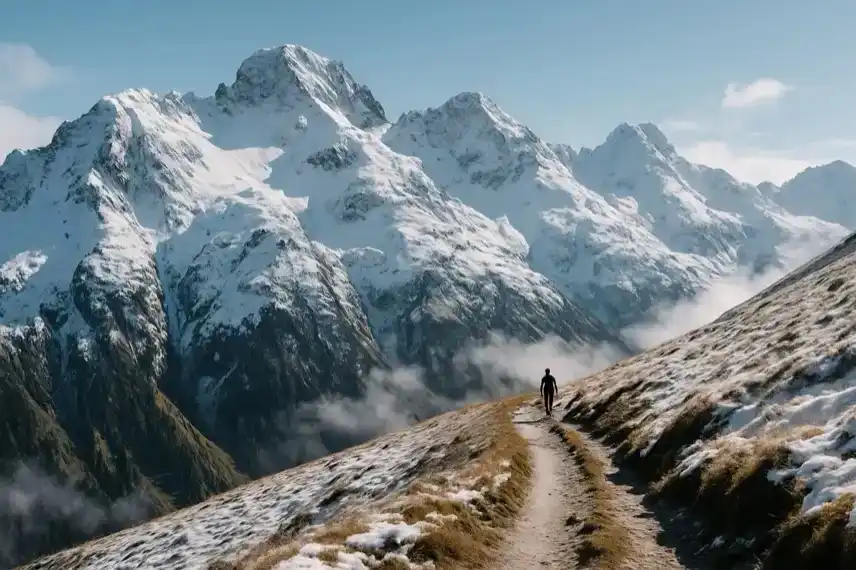 Schneebedeckte Berge mit Wanderer auf Pfad, fotorealistisch nachgestellt, Darstellung des frühen Wintereinbruchs in den Alpen.
