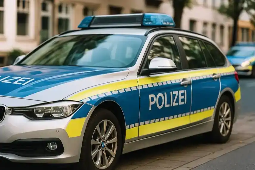 Deutsches Polizeiauto mit Blaulicht in städtischer Umgebung, genutzt als neutrale Illustration für Newsartikel.