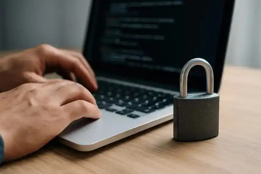 Jaguar Land Rover – Laptop mit Vorhängeschloss als Darstellung für digitale Sicherheit und staatliche Hilfen in der Autoindustrie.