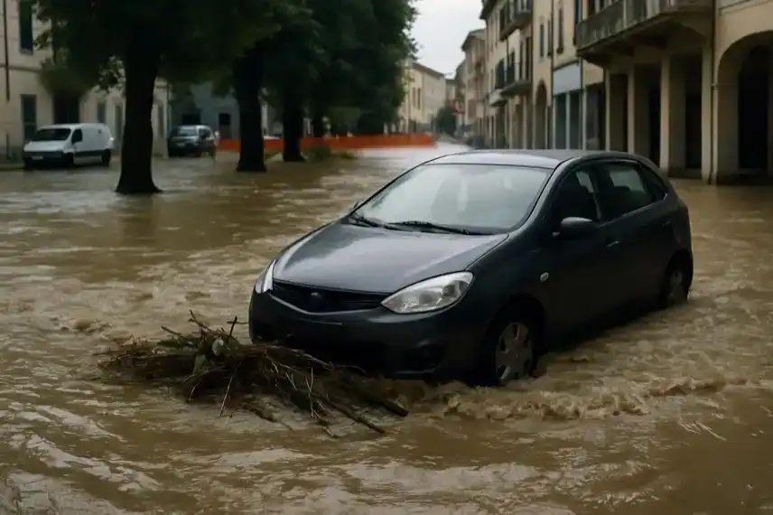 Überflutete Straße in Norditalien mit teilweise versunkenem Auto nach heftigen Unwettern und Überschwemmungen.