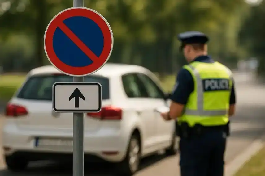 Parkverbotsschild mit Polizist und Auto im Hintergrund – Darstellung zu verschärften Verkehrsregeln in Griechenland 2025.