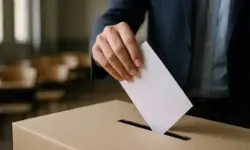 Symbolbild NRW-Stichwahlen 2025: Hand legt Wahlzettel in eine Wahlurne, fotorealistische Darstellung mit Tiefenschärfe.
