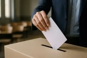 Symbolbild NRW-Stichwahlen 2025: Hand legt Wahlzettel in eine Wahlurne, fotorealistische Darstellung mit Tiefenschärfe.