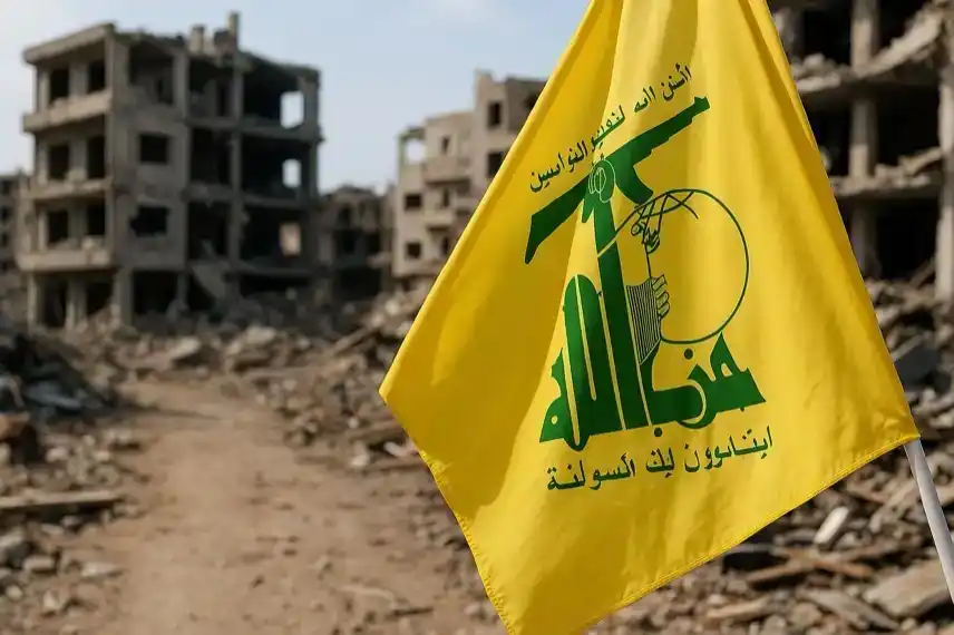 Hezbollah nach Krieg mit Israel: gelbe Flagge vor Trümmern, fotorealistische Nachstellung, Fokus auf Wiederaufbau und Konfliktumfeld.