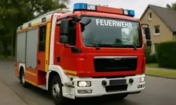 Feuerwehrfahrzeug in Wohnstraße als Darstellung zum Brand in Berlin-Marzahn mit zwei Toten und Mordermittlungen.