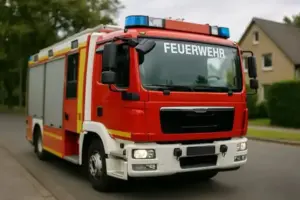 Feuerwehrfahrzeug in Wohnstraße als Darstellung zum Brand in Berlin-Marzahn mit zwei Toten und Mordermittlungen.