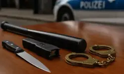Massenschlägerei Gelsenkirchen – nachgestellte Aufnahme mit Messer, Elektroschocker, Baseballschläger und Handschellen auf Tisch vor Polizeifahrzeug.