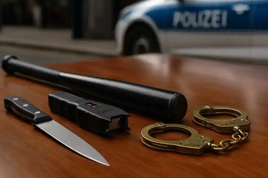 Massenschlägerei Gelsenkirchen – nachgestellte Aufnahme mit Messer, Elektroschocker, Baseballschläger und Handschellen auf Tisch vor Polizeifahrzeug.