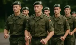Zivildienst und Wehrdienst – marschierende junge Soldaten in Bundeswehruniform, fotorealistische Darstellung, Symbol für Pflichtdienst-Debatte.