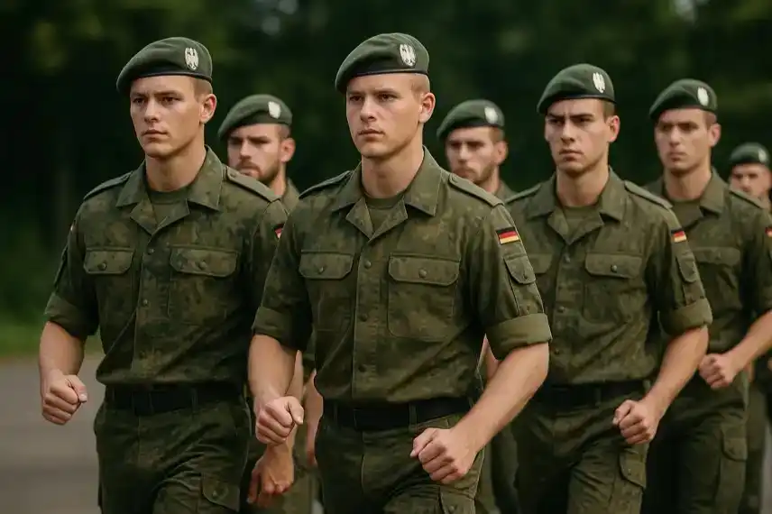 Zivildienst und Wehrdienst – marschierende junge Soldaten in Bundeswehruniform, fotorealistische Darstellung, Symbol für Pflichtdienst-Debatte.
