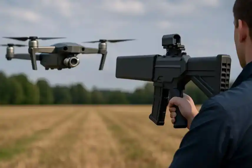 Drohne und eines Anti-Drohnen-Systems auf freiem Feld, als Illustration zur Kursrallye der DroneShield-Aktie.