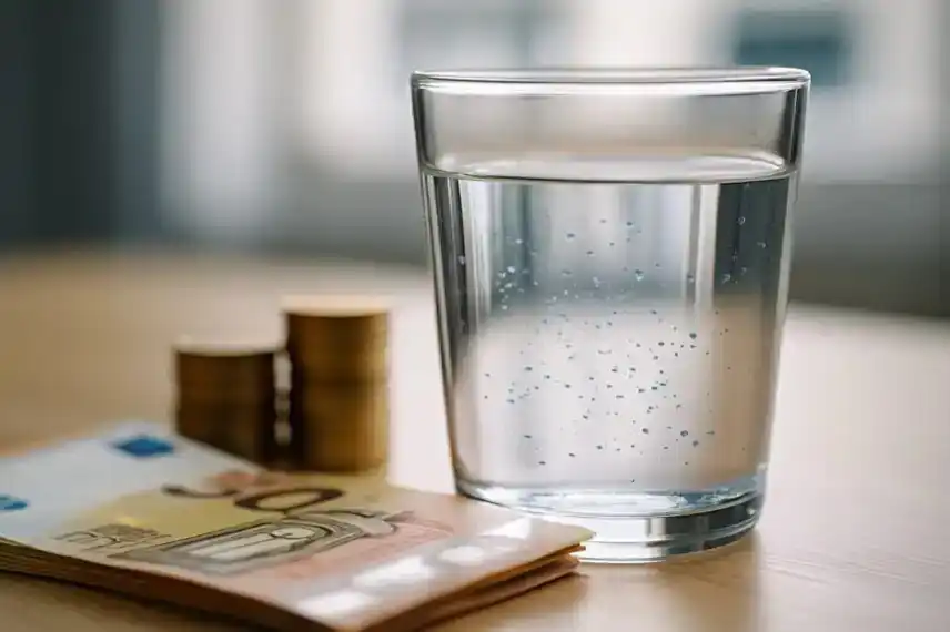 Glas Wasser mit Mikroplastik-Partikeln und Euro-Geldscheinen – Darstellung der Finanzierung des Bruchsaler Startups Klar2O.