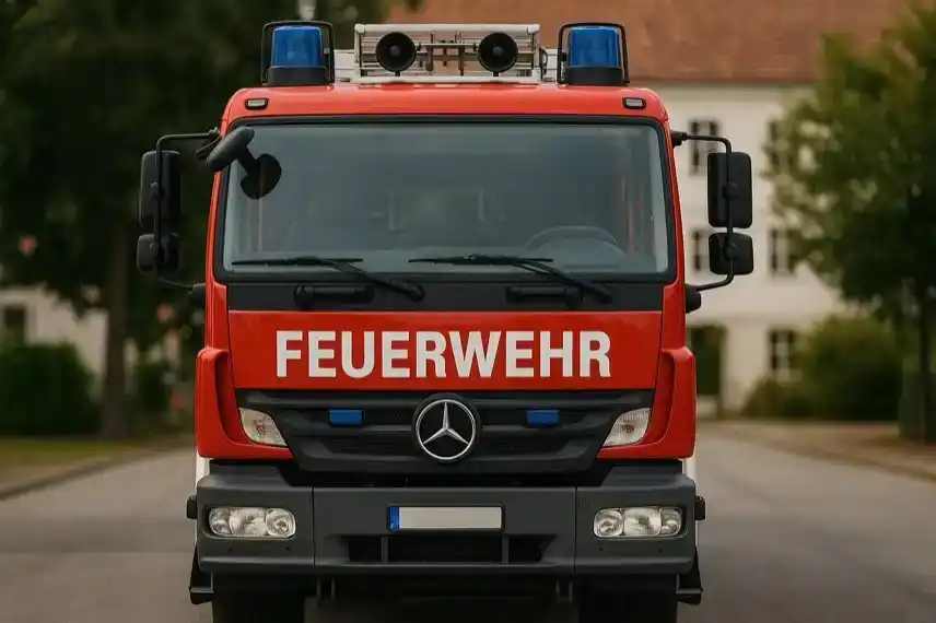 Firetag Bretten 2025: Frontalansicht eines roten Feuerwehrfahrzeugs mit Blaulichtern als fotorealistische Darstellung.