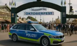 Fotorealistisches Bild vom Oktoberfest in München: Im Vordergrund steht ein deutsches Polizeiauto, dahinter der Eingangsbogen mit der Aufschrift „Willkommen zum Oktoberfest“ und zahlreiche Besucher in traditioneller Kleidung.