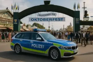 Fotorealistisches Bild vom Oktoberfest in München: Im Vordergrund steht ein deutsches Polizeiauto, dahinter der Eingangsbogen mit der Aufschrift „Willkommen zum Oktoberfest“ und zahlreiche Besucher in traditioneller Kleidung.