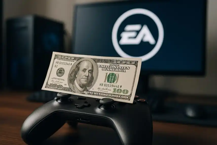 Fotorealistisches Symbolbild eines Gaming-Controllers mit Geldschein, stellvertretend für die 55-Milliarden-Dollar-Übernahme von Electronic Arts.
