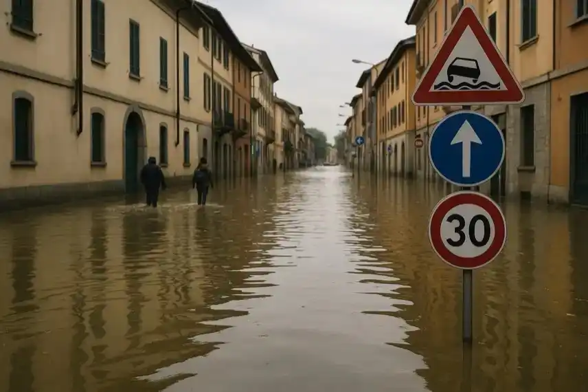 Überschwemmung Norditalien Herbst – überflutete Straße mit Wasser, typische Häuserfronten und Verkehrsschilder, stellvertretende Darstellung