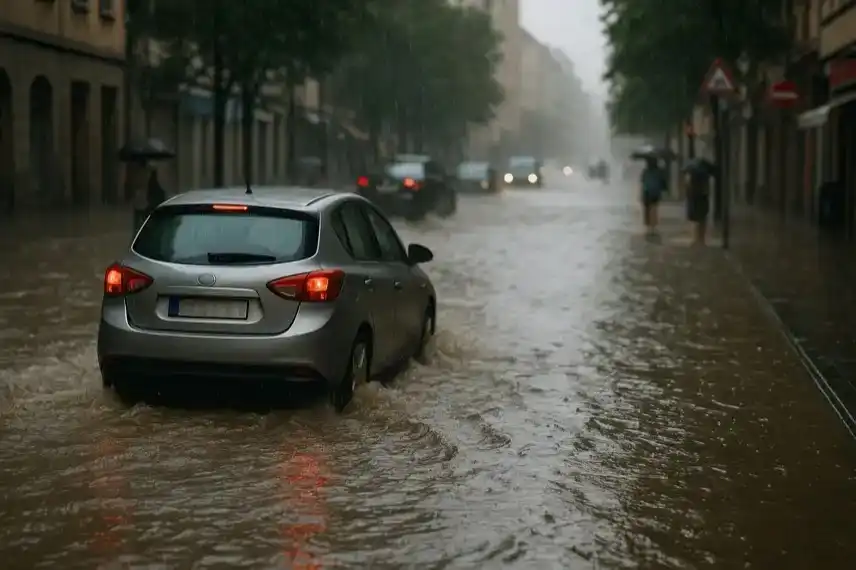 überfluteten Straße in Valencia bei Starkregen – Alarmstufe Rot in Spanien, Fluten und Ausnahmezustand in der Region.