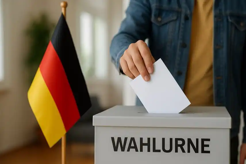 Wahlurne mit Stimmabgabe vor deutscher Flagge, stellvertretend für die Debatte um Jugendbeteiligung und Wahlalter 16 in Deutschland.