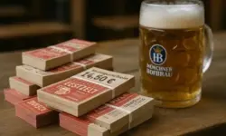 Festzelt: Bierkrug und gestapelte Wertgutscheine auf Holztisch als Darstellung der Diskussion um Reservierungsgebühren und Mindestverzehr.