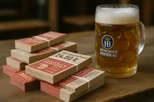Festzelt: Bierkrug und gestapelte Wertgutscheine auf Holztisch als Darstellung der Diskussion um Reservierungsgebühren und Mindestverzehr.